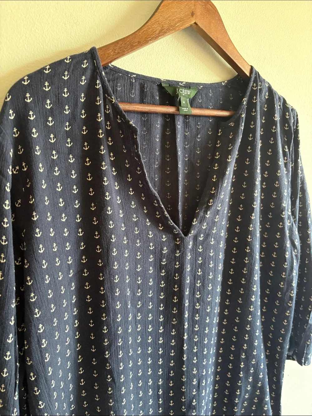 J.Crew Navy Anchor Print Popover Blouse Medium Coastal Nautical 3/4 Sleeve